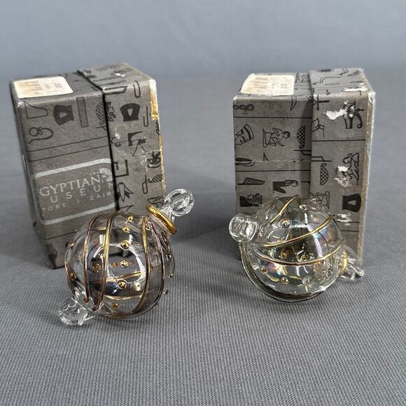 Egyptian Museum Hand Blown Glass Ornament Set 2 Gold Trim Spiral Iridescent Box - Picture 6 of 16